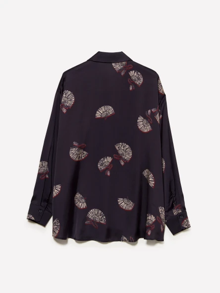 %100 Viskoz Tamamı Desenli Asimetrik Oversize Saten Gömlek Kadın Siyah Gömlek - 325A5IBNLQ07F - Resim 5