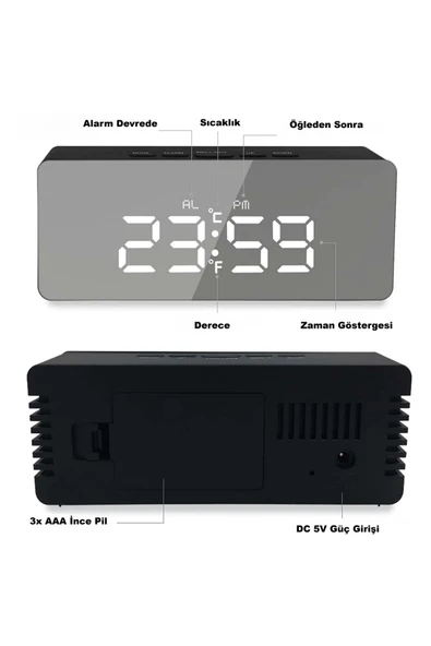 Akıllı Aynalı Dijital Saat | LED Göstergeli, Alarm & Termometre, USB/Pil - Resim 5
