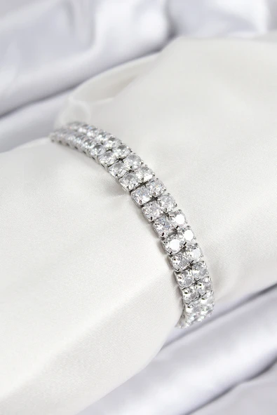 Pirinç Zirkon Taşlı Çift Sıra Kare Model Gümüş Renk Asansörlü Kadın Bileklik - TJ-BB7730 ürün görseli 1