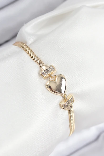Pirinç Zirkon Taşlı Kalp Model Gold Renk Kadın Bileklik - TJ-BB7901 ürün görseli 1