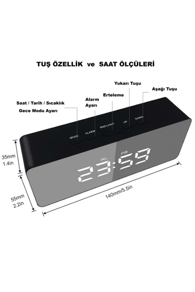 Akıllı Aynalı Dijital Saat | LED Göstergeli, Alarm & Termometre, USB/Pil - Resim 6