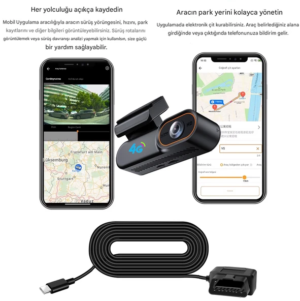 O-Kam Araç Içi Kamera Uzaktan Araç Kamerasını İzleme 1080P Kamera Gps +1 Yıl 4G İnternet - Resim 3