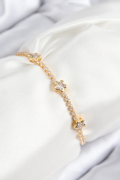 Pirinç Zirkon Taşlı Yıldız Model Gold Renk Asansörlü Kadın Bileklik - TJ-BB7737 ürün görseli 1