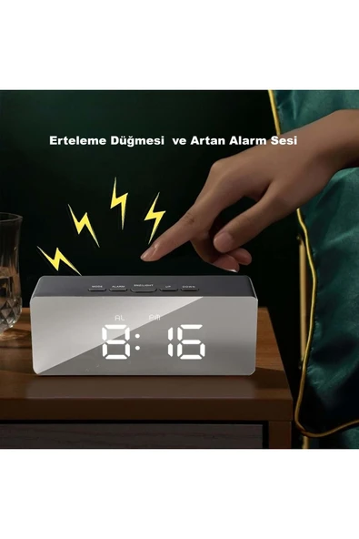 Akıllı Aynalı Dijital Saat | LED Göstergeli, Alarm & Termometre, USB/Pil - Resim 3