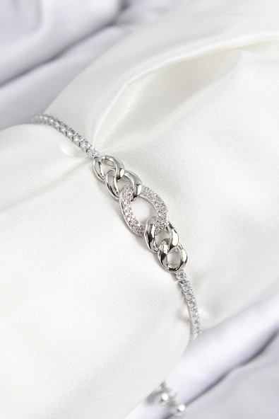 Pirinç Zirkon Taşlı Zincir Model Gümüş Renk Asansörlü Kadın Bileklik - TJ-BB7734 ürün görseli 1