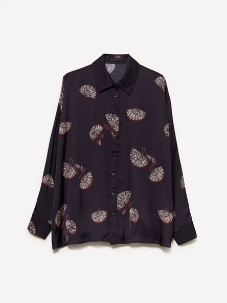 %100 Viskoz Tamamı Desenli Asimetrik Oversize Saten Gömlek Kadın Siyah Gömlek - 325A5IBNLQ07F - Resim 2