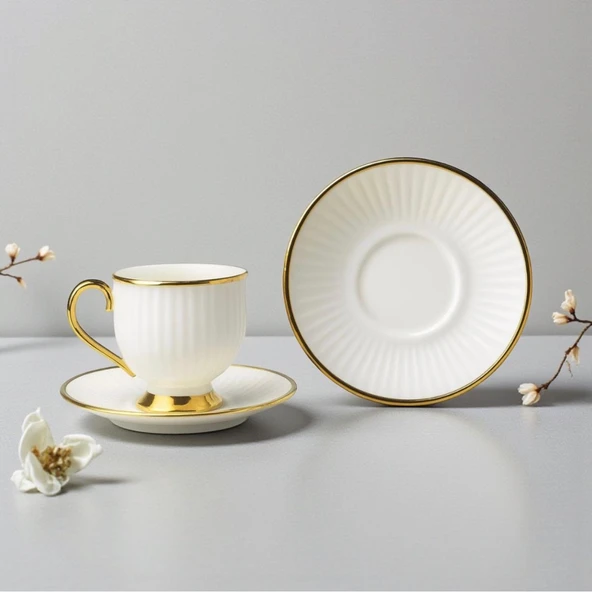 Özlife sedef porselen yaldızlı kahve fincanı seti takımı 6 kişilik 9025 - Resim 2