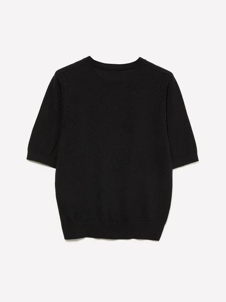 Sisley   Pamuk ve Yün Karışımlı Ribana Yaka Kısa Kollu Kazak Kadın Siyah Kazak - 325A1SBXM106L - Resim 2