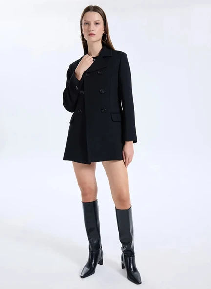 Sisley   Viskoz Karışımlı Düğmeli Kruvaze Slim Fit Kaban Kadın Siyah Kaban - 325A2OUALN05Z - Resim 2