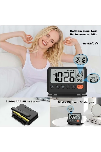 Plentiful LED Katlanır Dijital Saat Pilli • Masa & Seyahat Tipi • Alarm • Takvim • Isı Ölçer 10x8cm - Resim 4