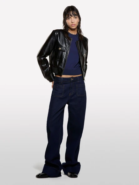 Sisley   Pamuk ve Yün Karışımlı Ribana Yaka Kısa Kollu Kazak Kadın Soluk Lacivert Kazak - 325A1SBXM106L - Resim 4