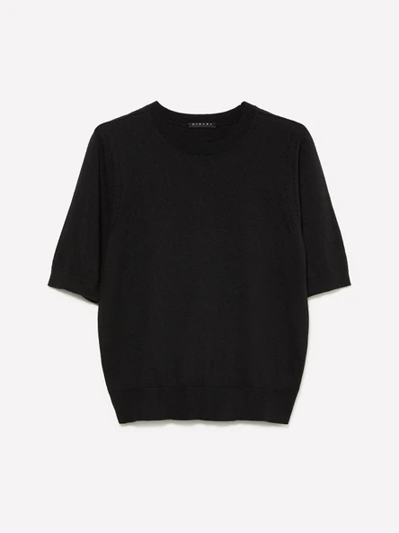 Sisley   Pamuk ve Yün Karışımlı Ribana Yaka Kısa Kollu Kazak Kadın Siyah Kazak - 325A1SBXM106L ürün görseli 1