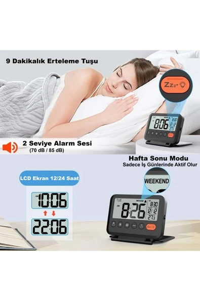 Plentiful LED Katlanır Dijital Saat Pilli • Masa & Seyahat Tipi • Alarm • Takvim • Isı Ölçer 10x8cm - Resim 3
