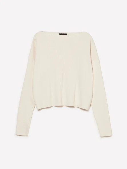 Sisley   Pamuk ve Yün Karışımlı Ribanalı Kayık Yaka Kazak Kadın Krem Kazak - 325A1KHTL106J ürün görseli 1