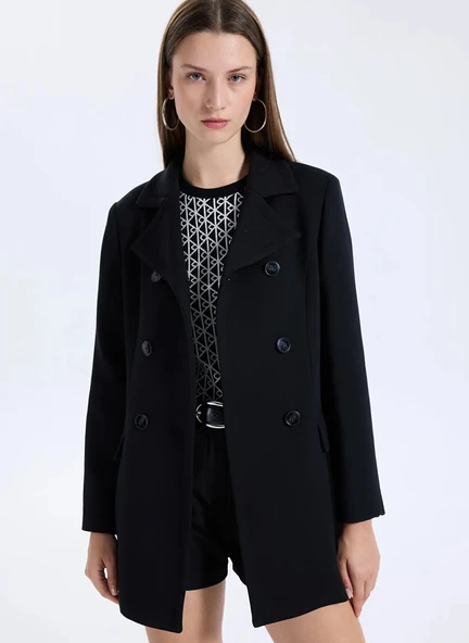 Sisley   Viskoz Karışımlı Düğmeli Kruvaze Slim Fit Kaban Kadın Siyah Kaban - 325A2OUALN05Z ürün görseli 1