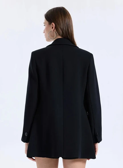 Sisley   Viskoz Karışımlı Düğmeli Kruvaze Slim Fit Kaban Kadın Siyah Kaban - 325A2OUALN05Z - Resim 5