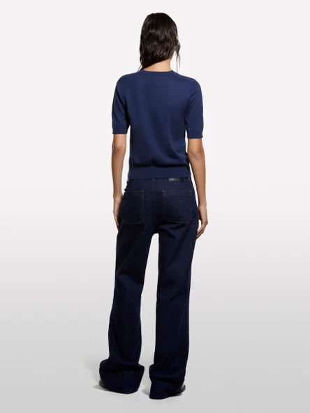 Sisley   Pamuk ve Yün Karışımlı Ribana Yaka Kısa Kollu Kazak Kadın Soluk Lacivert Kazak - 325A1SBXM106L - Resim 3