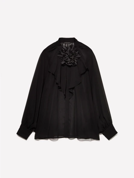 Çiçek Detaylı Önü Fırfırlı Balon Kol Şifon Gömlek Kadın Siyah Gömlek - 324A5W9ELQ081 - Resim 6