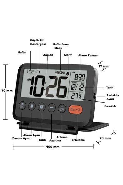 Plentiful LED Katlanır Dijital Saat Pilli • Masa & Seyahat Tipi • Alarm • Takvim • Isı Ölçer 10x8cm - Resim 5