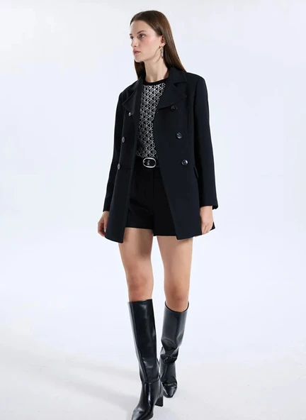 Sisley   Viskoz Karışımlı Düğmeli Kruvaze Slim Fit Kaban Kadın Siyah Kaban - 325A2OUALN05Z - Resim 3