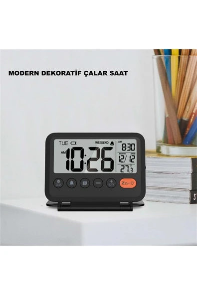 Plentiful LED Katlanır Dijital Saat Pilli • Masa & Seyahat Tipi • Alarm • Takvim • Isı Ölçer 10x8cm - Resim 6