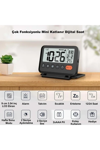Plentiful LED Katlanır Dijital Saat Pilli • Masa & Seyahat Tipi • Alarm • Takvim • Isı Ölçer 10x8cm - Resim 2