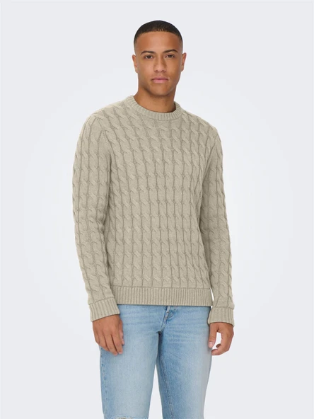 ONSKICKER LIFE REG 3 CABLE CREW KNIT Erkek Gri Kazak - 22026504 ürün görseli 1