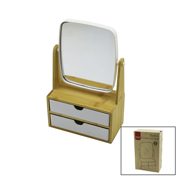 2 ÇEKMECELİ BAMBU AHŞAP STANDLI=9X9.9X17.8X21.5CM MAKYAJ AYNASI=15X18CM TAKILIK 1+1 ORGANİZER (5224) AZ-5224Gok151122 ürün görseli 1