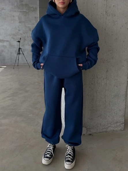 3 iplik şardonlu kapşonlu sweatshirt lacivert p510436 ürün görseli 1