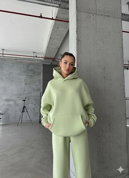 3 iplik şardonlu kapşonlu sweatshirt mint p510436 ürün görseli 1