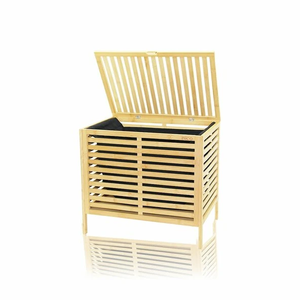 KALIN AHŞAP BAMBU KİRLİ ÇAMAŞIR SEPETİ SİYAH KUMAŞ ÇANTALI SEPET=50X38X55CM (5224) ürün görseli 1