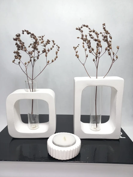 Beyaz Vazo Set 2'li ,Kare-Dikdörtgen Formlu, Dekoratif Cam Tüplü, Kuru Çiçek Vazosu Obje - Resim 3
