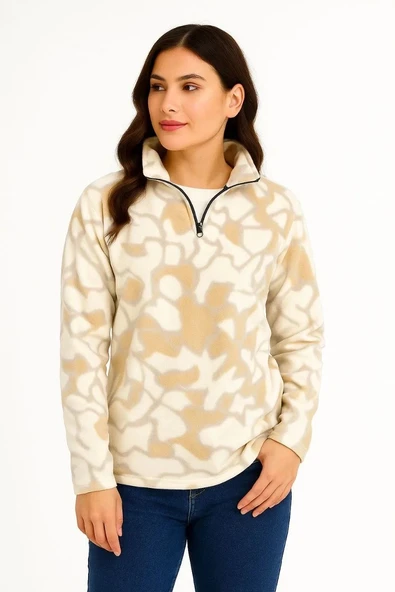 KADIN Yarım Fermuarlı Desenli Polar Sweat Yakalı, Uzun Kollu, Oversize Rahat Kalıp - Bej ürün görseli 1