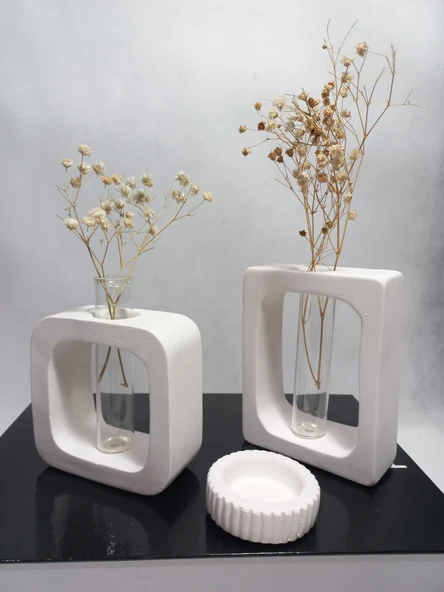 Beyaz Vazo Set 2'li ,Kare-Dikdörtgen Formlu, Dekoratif Cam Tüplü, Kuru Çiçek Vazosu Obje ürün görseli 1