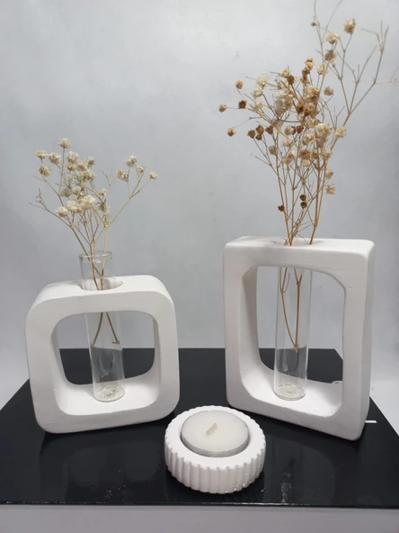 Beyaz Vazo Set 2'li ,Kare-Dikdörtgen Formlu, Dekoratif Cam Tüplü, Kuru Çiçek Vazosu Obje - Resim 2