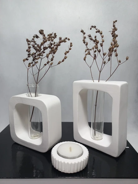 Beyaz Vazo Set 2'li ,Kare-Dikdörtgen Formlu, Dekoratif Cam Tüplü, Kuru Çiçek Vazosu Obje - Resim 4