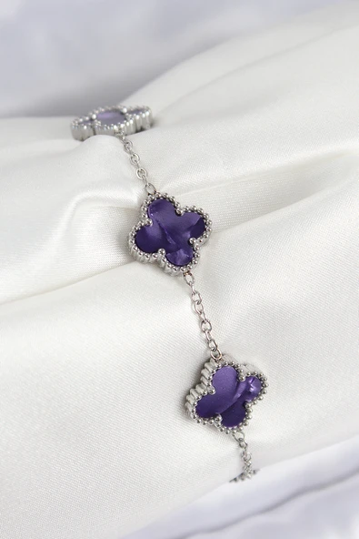 316L Çelik Sedefli Mor Gümüş Renk Yonca Kadın Bileklik ürün görseli 1