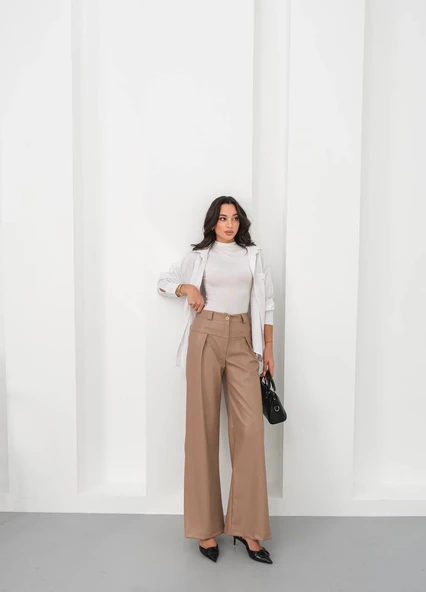 Deri geniş paça beli lastikli pantolon bej h263644 - Resim 4