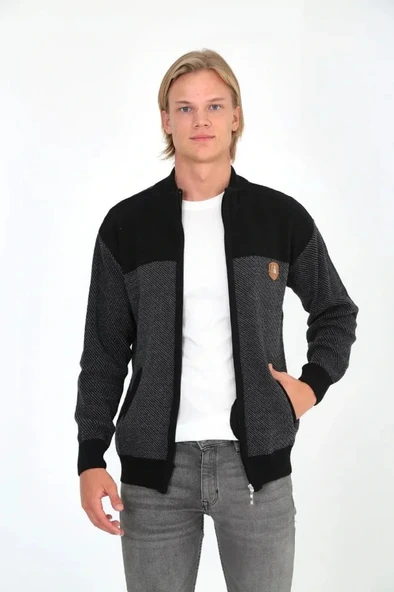 MDB Erkek Fermuarlı Triko Hırka Yüksek Yaka, Cepli, Günlük Şık Rahat Kalıp Triko  Siyah - Resim 3