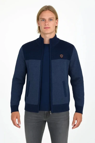 MDB Erkek Fermuarlı Triko Hırka Yüksek Yaka, Cepli, Günlük Şık Rahat Kalıp Triko  acivert - Resim 3