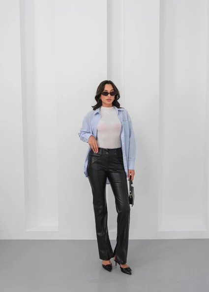 İspanyol yırtmaçlı paça deri pantolon siyah hn - Resim 3