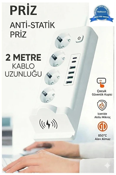 Akım Korumalı Priz Ve Masaüstü Şarj İstasyonu Kablosuz 4 Priz ,4 Usb, 2 Type-c Girişli 2 Metre ürün görseli 1