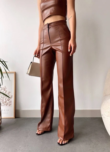 deri palazzo pantolon kahve hf ürün görseli 1