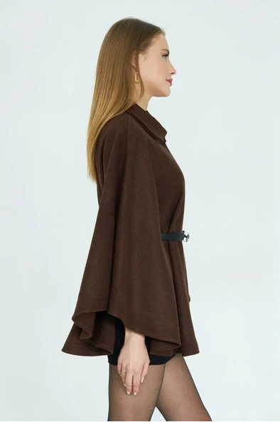 Kemerli kaşe panço kahve pt - Resim 3