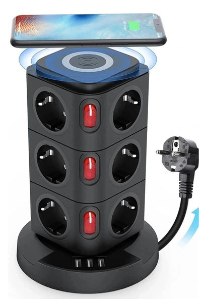 Termal Akım Korumalı Isıya Dayanıklı 3 Usb 12 Priz Ve Wireless Kablosuz Şarj 2.4 Amper Kablolu Priz ürün görseli 1