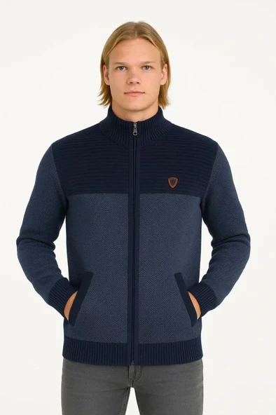 MDB Erkek Fermuarlı Triko Hırka Yüksek Yaka, Cepli, Günlük Şık Rahat Kalıp Triko  acivert ürün görseli 1