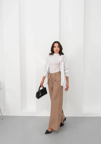 Deri geniş paça beli lastikli pantolon bej h263644 - Resim 2