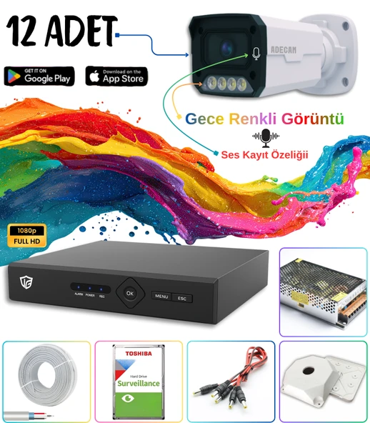 Adecam 12 li Full HD AHD Güvenlik Kamera Sistemi Cepten İzleme - Gece Renkli & Sesli Set + 30 Gün Kayıt  ürün görseli 1