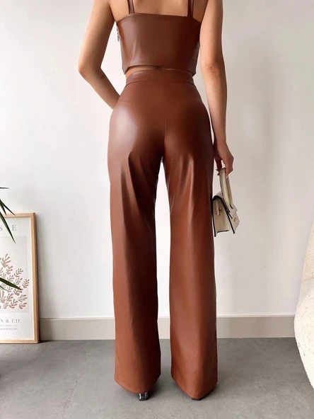 deri palazzo pantolon kahve hf - Resim 2