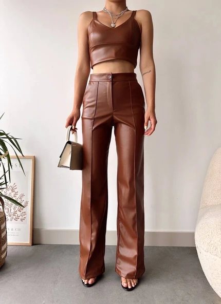 deri palazzo pantolon kahve hf - Resim 3